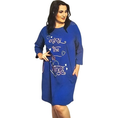 Тъмносиня макси нощница с розов надпис и бели сърца