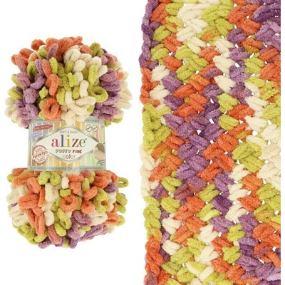 Alize Puffy Fine Color 6519 béžová s olivovou, fialovou a oranžovou barvou