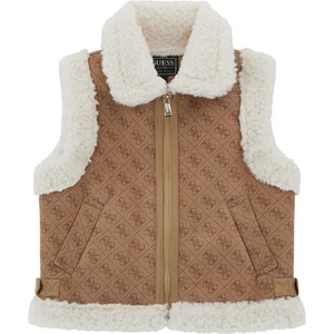 Guess Стилен кафяв елек с лога Guess за момиче с каракулени детайли и цип