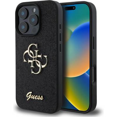 GUESS Гръб Guess PU Fixed Glitter 4G Metal Logo Case за iPhone 16 Pro - Черен (3666339328467)