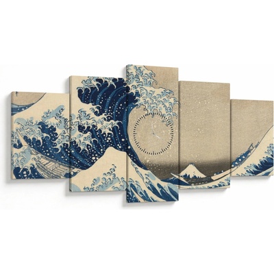 Obraz - Katsushika Hokusai, Under the Wave off Kanagawa, reprodukcia (s hodinami), päťdielne 150x80 cm s hodinami