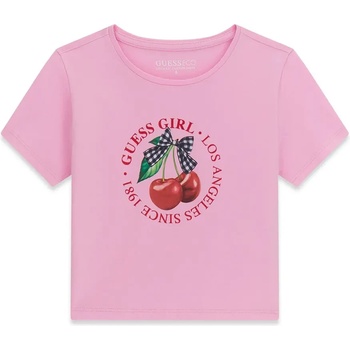 GUESS Розова тениска за момиче с черешки и червени надписи Guess