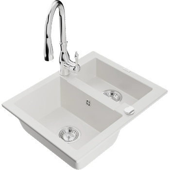 Mexen Carlos гранитна мивка 1, 5-камерна с кухненски смесител Savita, бял - 6518-20-672601-00 (6518-20-672601-00)