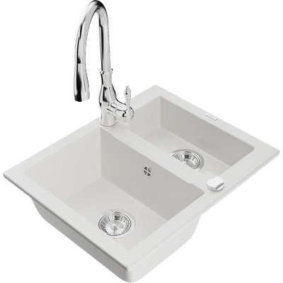 Mexen Carlos гранитна мивка 1, 5-камерна с кухненски смесител Savita, бял - 6518-20-672601-00 (6518-20-672601-00)