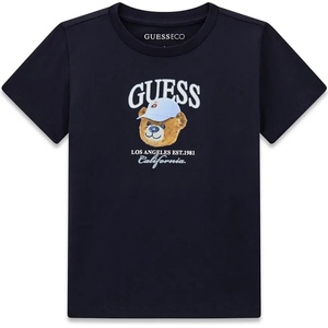 GUESS Тъмно синя тениска за мини момче с мечка и надпис Guess