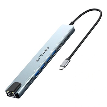 BlitzWolf Докинг станция, Blitzwolf, Метал, 10 порта, USB-C, 100w, HDMI/USB/RJ45, 195x30x11mm, Сребрист (BW-TH5 10in1) (BW-TH5 10in1)
