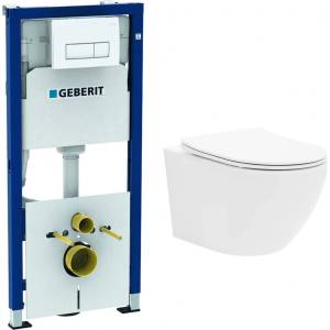 Rune Комплект казанче за вграждане Geberit Duofix с комплект за фиксиране, бял бутон Delta51, плюс бяла тоалетна чиния Rune Ivaldi с тънък капак softclose (458.128.11.2+5940541330400)