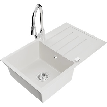 Mexen Bruno гранитна мивка с 1 отделение с отцедник и кухненски смесител Elia, бял - 6513-20-670101-00 (6513-20-670101-00)