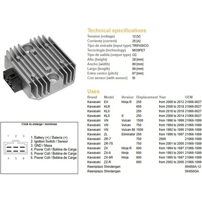 DZE regulátor napětí KAWASAKI VN 750 94-06; VN 1500 96-99; ZX 6 93-01; ZX-6R 95-97; ZR-7 (RGU-404,ESR260) (21066-1089, 21066-027) (SH650GA, SH650A-12)