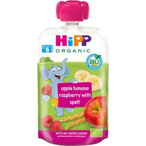 Hipp Био плодова закуска Hipp Hippis - Ябълка, банан и малина с пълнозърнести култури, 100 g (8534)