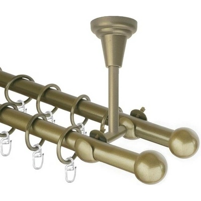 OK-GarnýžeCZ Garnýž kovová dvouřadá 16mm Koule zlatá antik 210 cm do stropu / kroužky s háčkem