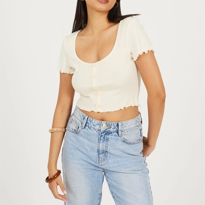Brave Soul Дамска тениска Brave Soul BS Womens Lettuce Hem Button Through T-shirt - Cream