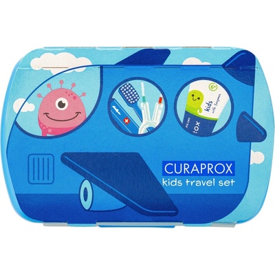 Curaprox Kids travel modrý zubná kefka + 2 x medzizubná kefka + CPS zubná pasta mäta 6+ 10 ml + 1 x nálepka darčeková sada