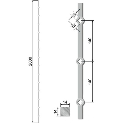 Tyč 14 × 14 × 2000 mm opískovaná, rozteč 140 mm