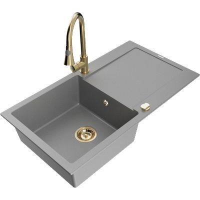 Mexen Leo гранитна мивка с 1 отделение и отцедник и кухненски смесител Elia, сив - 6501-71-670101-50 (6501-71-670101-50)
