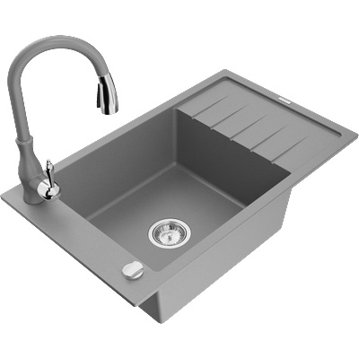 Mexen Elias гранитна кухненска мивка с 1 корито с отцедник и кухненски смесител Savita, сива - 6511-71-672601-71 (6511-71-672601-71)
