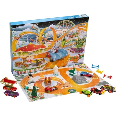 Mattel Hot Wheels Adventný kalendár 1:64 viacfarebný 8 autíčok 16 doplnkov