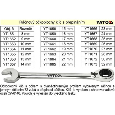 Yato klíč očkoplochý 17 mm ráčnový YT-1660