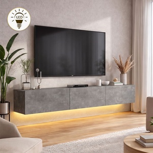 TopMebel Damla TopMebel меламинов стенен ТВ шкаф с LED осветление в цвят бетонно сиво 180x29.5x29.5cm