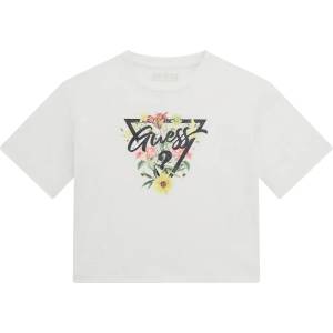 GUESS Бяла къса тениска за момиче с тъмно лого Guess и свежи цветя