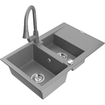 Mexen Gaspar гранитна мивка с 1, 5 камери с отцеждащ се и кухненски смесител Elia, сив - 6507-71-670101-71 (6507-71-670101-71)