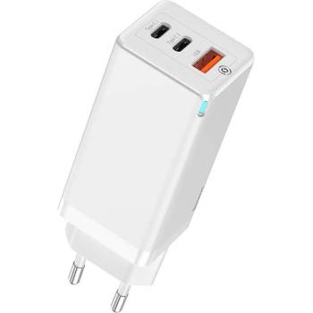 Baseus GaN Laptop Charger 65W (CCGAN-H02) - захранване за ел. мрежа за лаптопи, смартфони и таблети с USB и 2xUSB-C изходи с технология за бързо зареждане (бял)