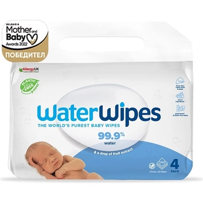 WaterWipes 4 пакета Бебешки кърпички Water Wipes x 60 бр. , 99.9 % вода
