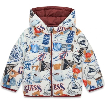 GUESS Преходно яке за мини момче със знамена и мечета с качулка и цип бордо Guess