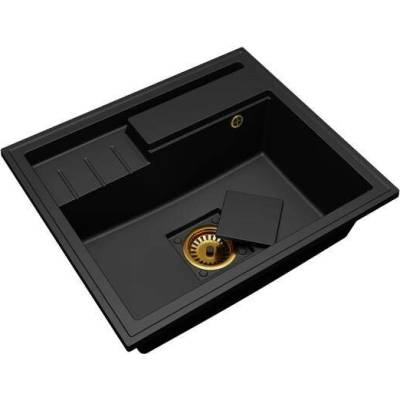 DobreSny Granitový dřez ELITE 6052 ČERNÝ - zlatý sifon 60 x 52 x 21,5cm