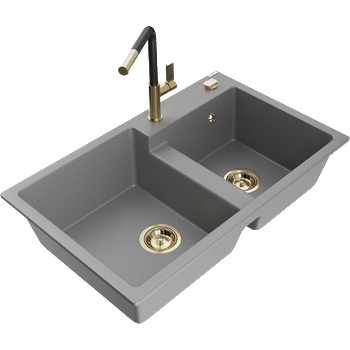 Mexen Tomas гранитна кухненска мивка с 2 отделения и кухненски смесител Flora, сива - 6516-71-670401-57-G (6516-71-670401-57-G)