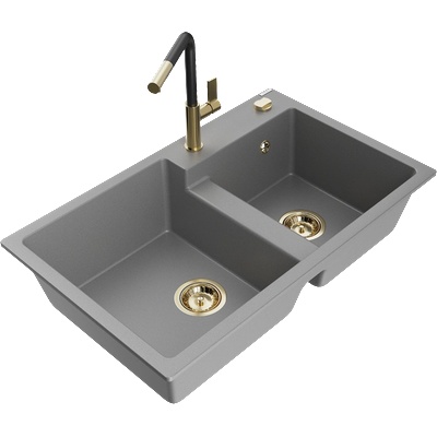 Mexen Tomas гранитна кухненска мивка с 2 отделения и кухненски смесител Flora, сива - 6516-71-670401-57-G (6516-71-670401-57-G)