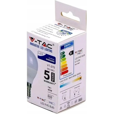 V-TAC Profesionálna LED žiarovka E14 P45 7W SAMSUNG čipy, Studená biela 6000 6500K