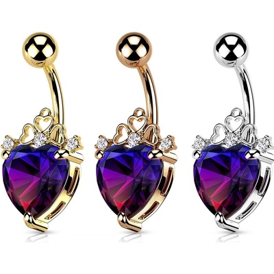 Šperky eshop piercing do pupíku z oceli modrofialové srdce koruna Z05.02 Stříbrná