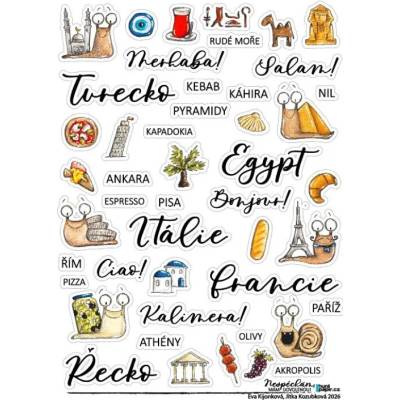 Písmena, čísla, samolepky s texty HuráPapír Samolepky A5 Turecko, Egypt, Itálie, Francie, Řecko