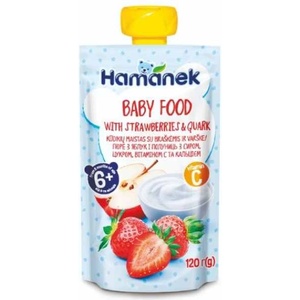 Hamanek Бeбешко пюре Hamanek - Пауч с ягоди и кварк, 120 g (8595139783952) - baby
