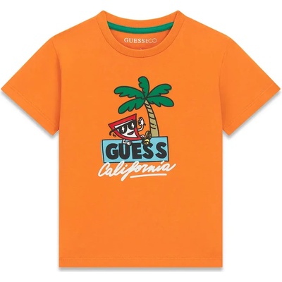 GUESS Оранжева тениска за мини момче с цветна палма и надпис Guess