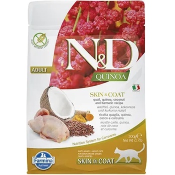 Farmina N&D Quinoa Skin & Coat Quail - храна за котки в зряла възраст с чувствителна кожа и козина с пъдпъдък; без зърно 0.300 кг