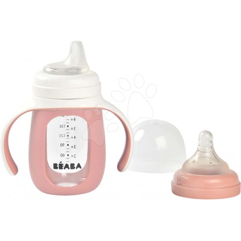 Beaba fľaša Bidon na učenie pitia 2v1 Learning Bottle 210ml Pink s ružovým silikónovým obalom
