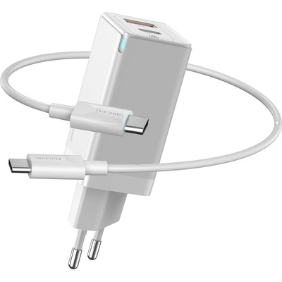 Baseus GaN Mini Quick Charger 45W (CCGAN-U01) - захранване за ел. мрежа с USB и USB-C изходи с технология за бързо зареждане и USB-C към USB-C кабел (бял)