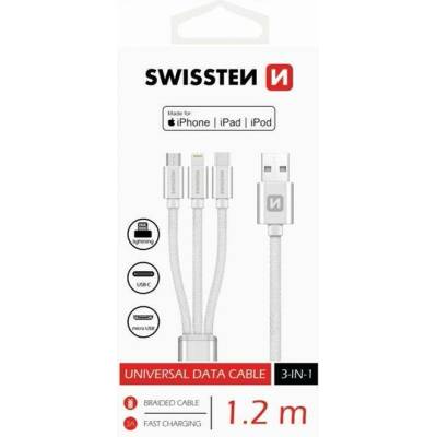 Swissten kabel Textile 3in1 mFi 1,2 m, stříbrná