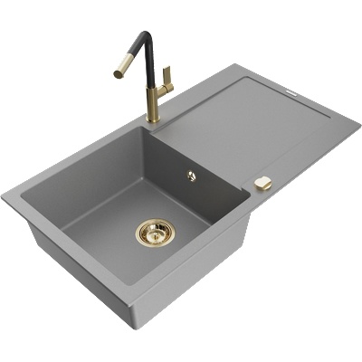 Mexen Leo гранитна мивка с една камера с отцедник и кухненски смесител Flora, сив - 6501-71-670401-57-G (6501-71-670401-57-G)