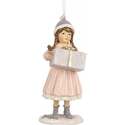 Růžová závěsná dekorace děvčátko držící dárek 5*5*11 cm Clayre & Eef