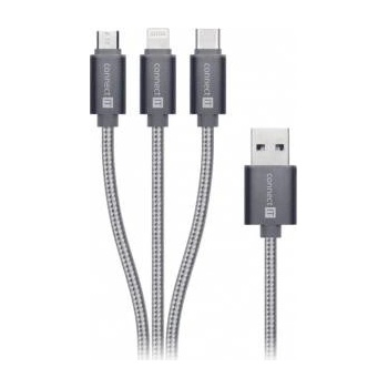Connect IT Wirez 3in1 USB-C and Micro USB & Lightning, silver grey, 1.2 m