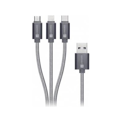 Connect IT Wirez 3in1 USB-C and Micro USB & Lightning, silver grey, 1.2 m