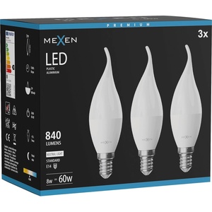Mexen Nova 3x LED крушка пламък E14, C37, 8W, Неутрална - 4000K, 840 lm - L106-E14-0840-01x03 (L106-E14-0840-01x03)