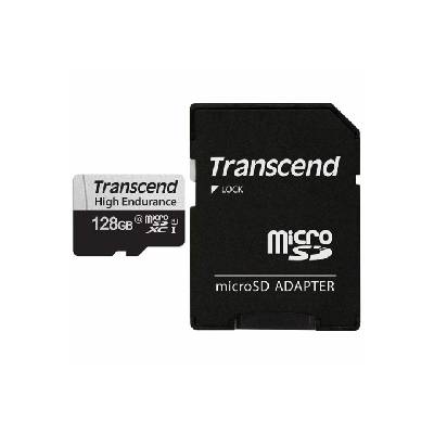 Карта памет 128GB microSDXC с адаптер, Transcend High Endurance, U1 Class 10 UHS-I, скорост на четене 95MB/s, скорост на запис 45 MB/s (TS128GUSD350V)