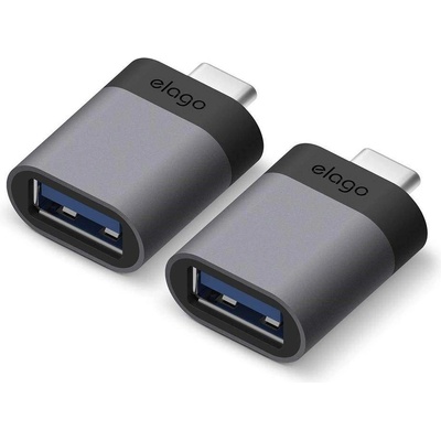 elago USB-C Male to USB-A 3.0 Female Adapter - алуминиев USB адаптер за MacBook и устройства с USB-C порт (тъмносив) (2 броя)