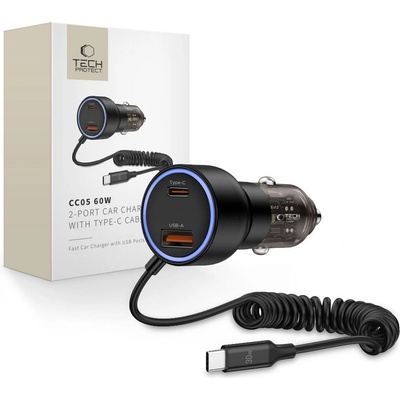 Tech-Protect Зарядно с кабел за автомобил с USB-A / USB-C 60W от Tech Protect CC05 - Черно (5906302361717)