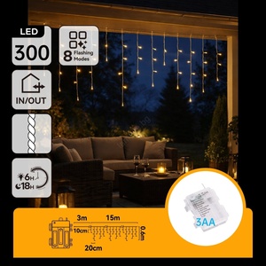 BRILAGI - LED Venko. коледен гирлянд 300xLED/3xAA/8 функции 18x0, 6m IP44 топла бяла (BG6883)