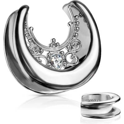 Šperky eshop ocelový plug do ucha ve stříbrné barvě zirkonová slzička ornamenty O06.02